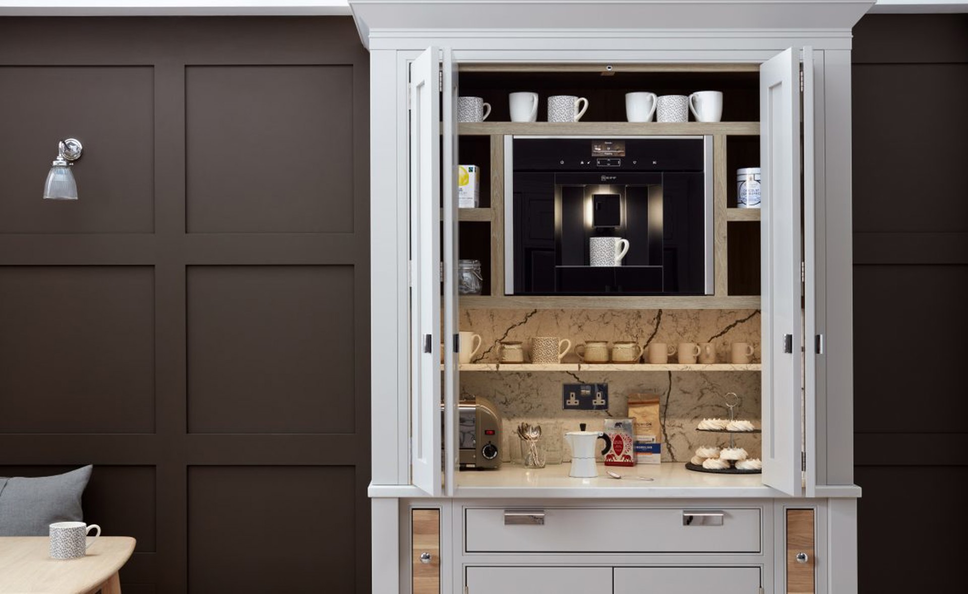 Hidden Coffee Maker and Microwave in Pantry Cabinets with Fold In Doors -  Transitional - Kitchen