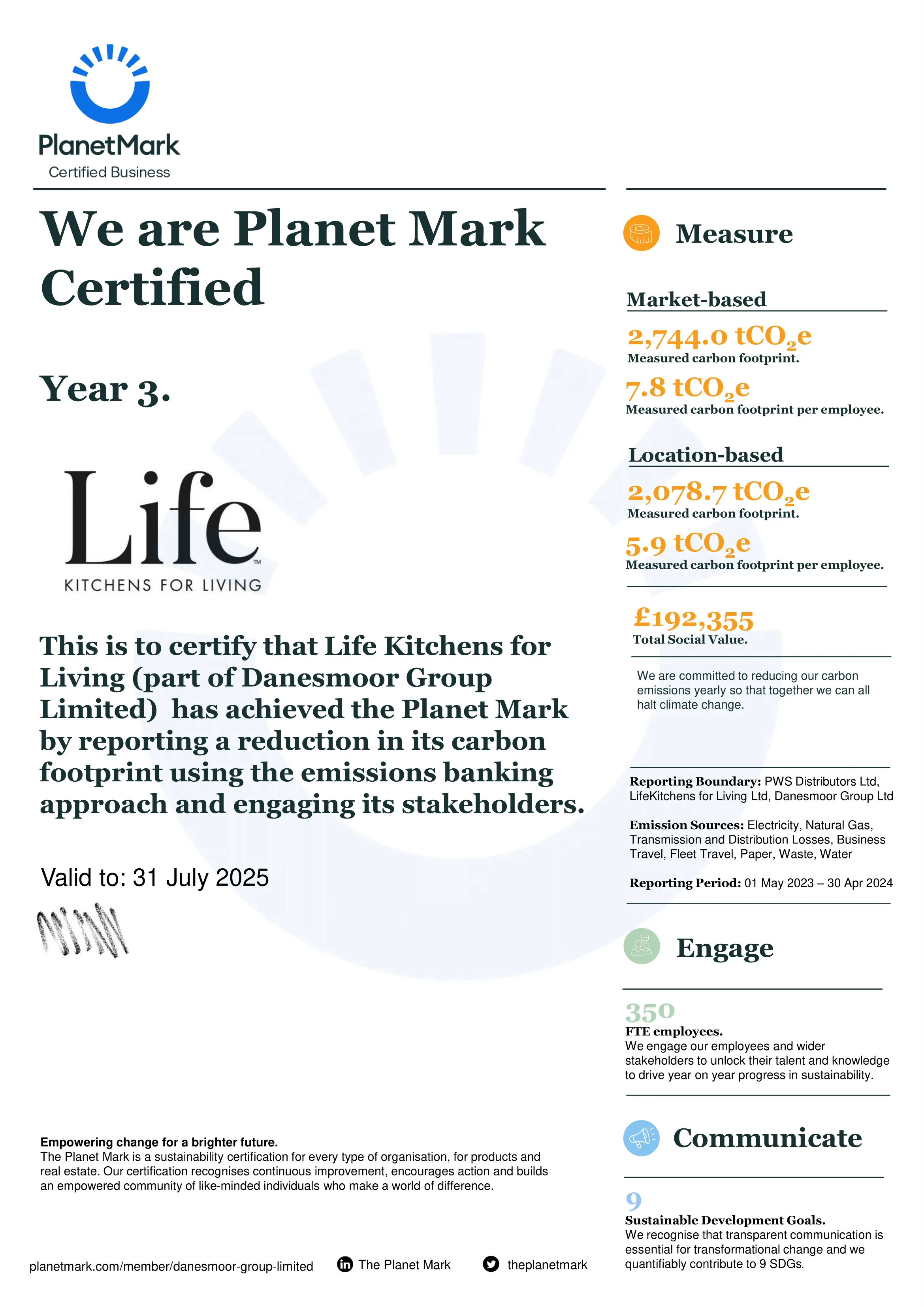 Planet mark certificate for Life Kitchens